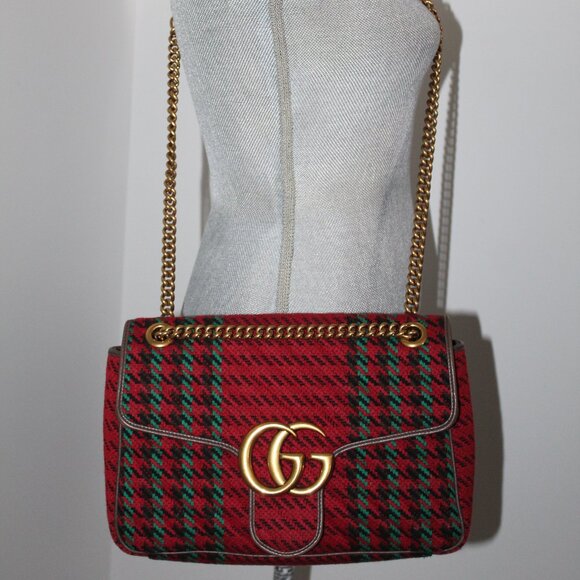 Gucci GG Marmont Knit Houndstooth Tweed Shoulder Bag Red - Picture 8 of 9